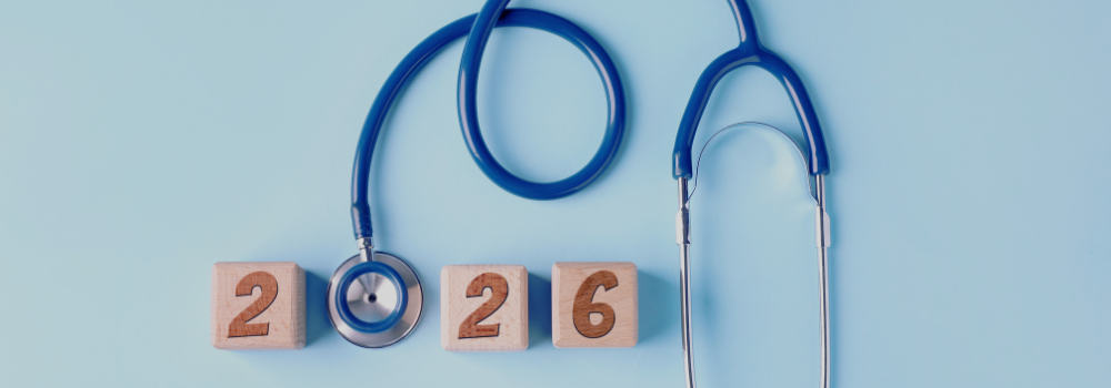 Stethoscope and wooden blocks showing 2026, representing Allied Health Professionals career trends in 2026